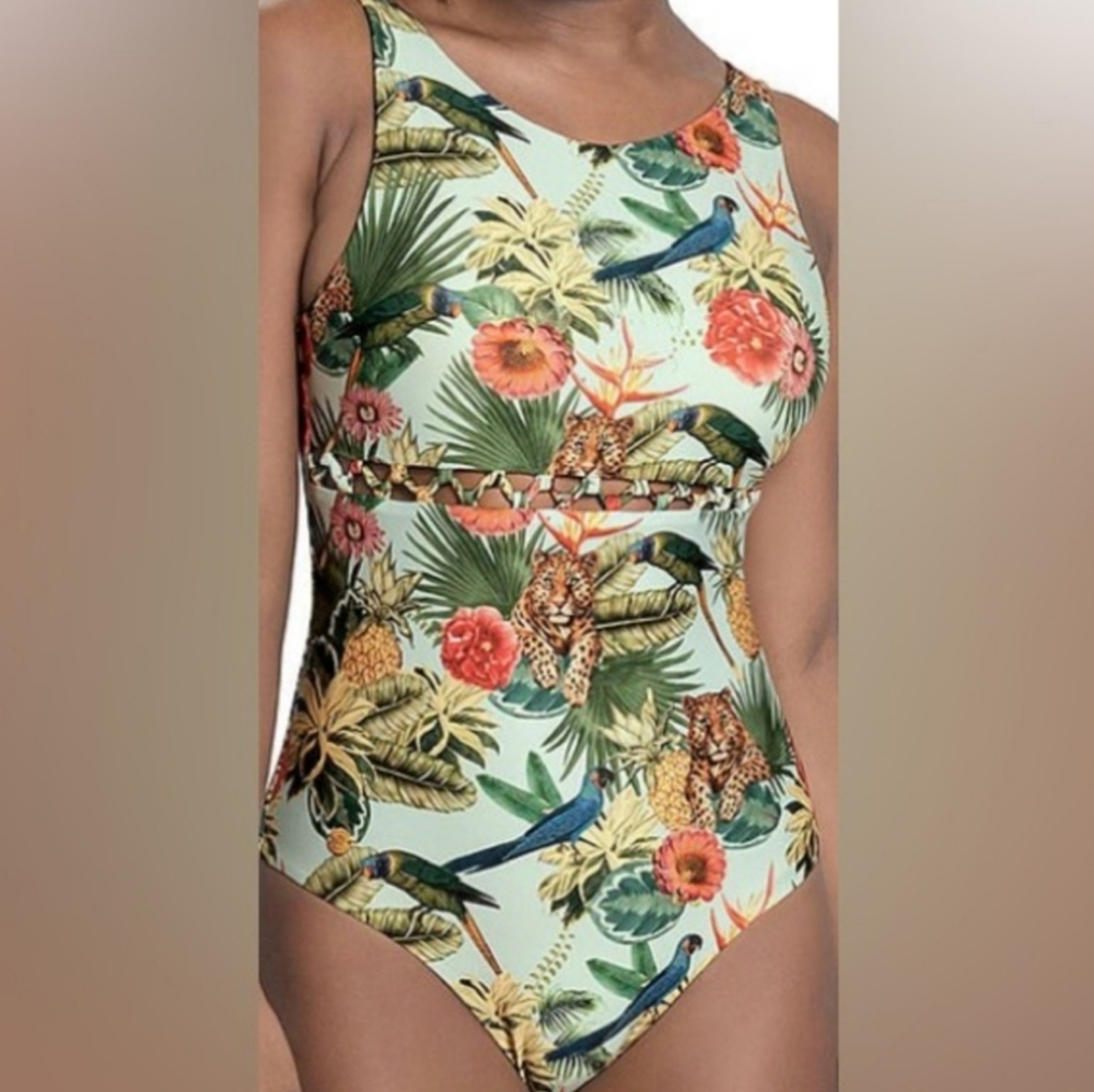 LEONISA SHAPEWEAR Compression High-Neck One-Piece Swimsuit Tropical Size XL